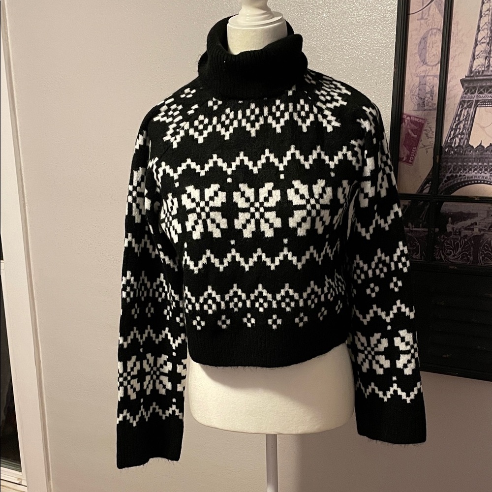 H&M Black and White Pattern Crop Turtleneck Sweater